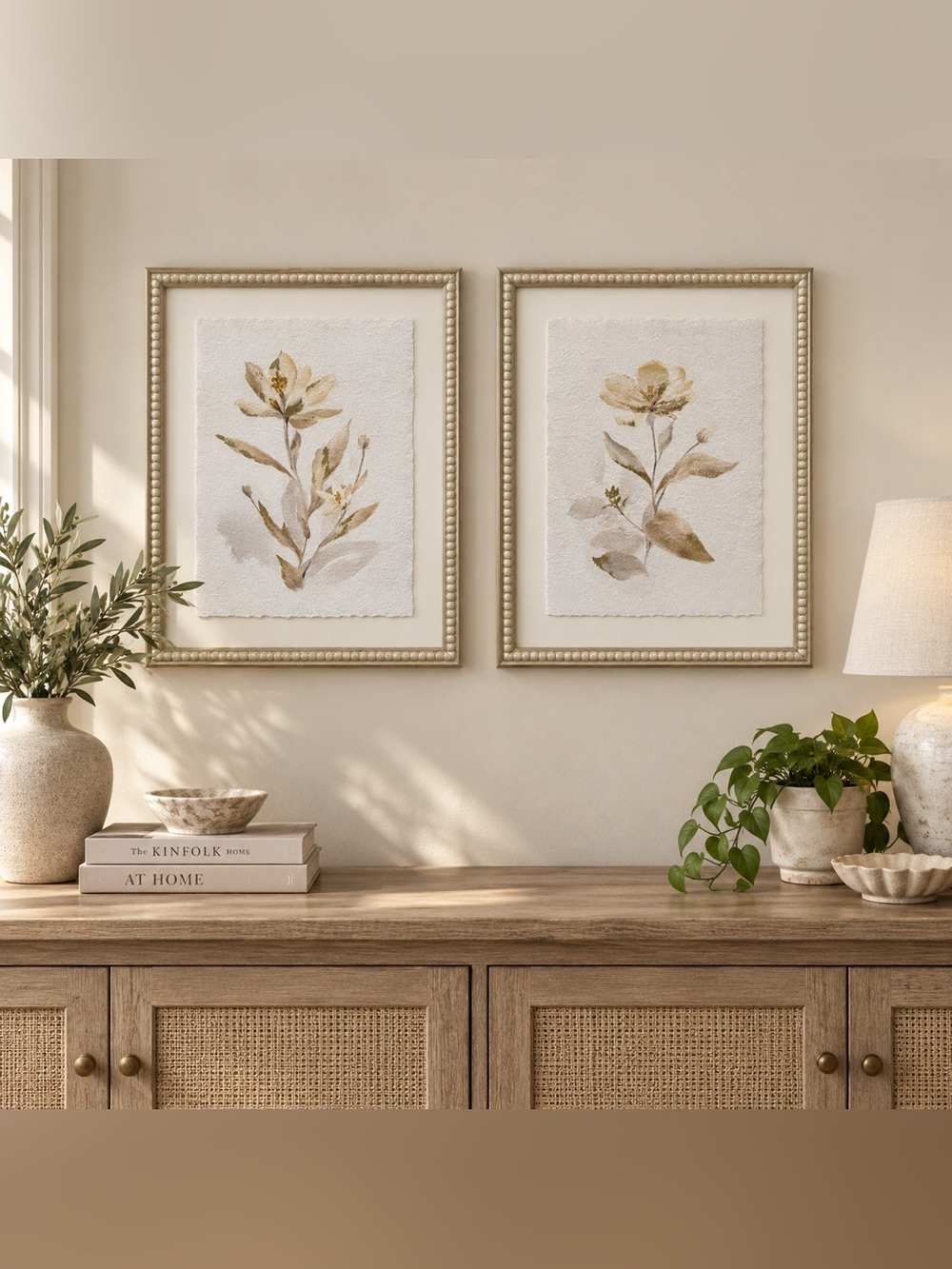 Set of 2 Framed Botanical Wall Art 16x20 Neutral Floral Gold Accents.